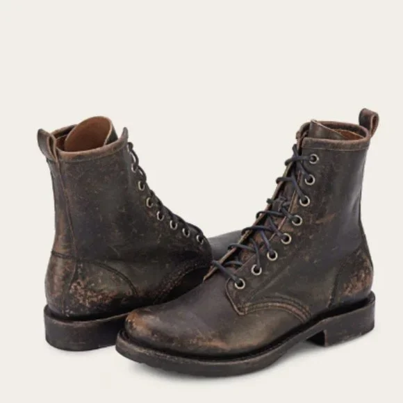 Frye Veronica Combat Distress Black Brown Tumbled Leather Laced Combat AnkleBoot - Picture 5 of 14